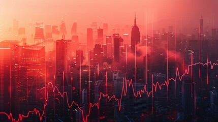 Fototapeta premium Real estate and property crisis. A vibrant city skyline under a red hue, highlighting financial trends with a graph overlay in a dramatic atmosphere.