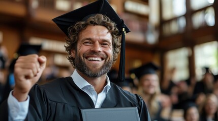 A joyful man in a graduation cap and gown, celebrating his success and holding his diploma with a triumphant smile, standing in an academic setting.