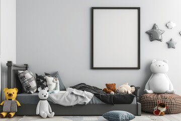Cozy Child's Bedroom with Blank Frame and Soft Toys in Pastel Theme