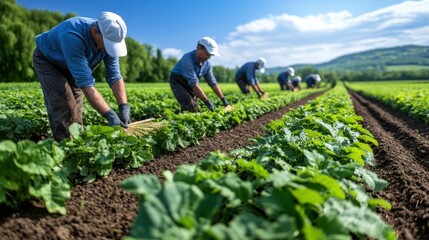 Multiple farmers are busy aligning and taking care of green plants in a vast, sunlit agricultural field, highlighting teamwork and precision in agricultural practice.