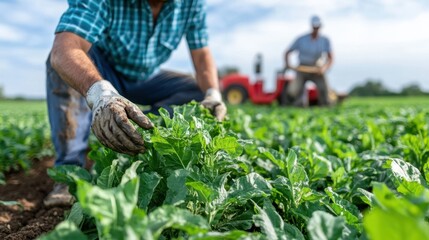 A close-up image of a farmer inspecting the health of crops in a sunlit field with a tractor in the background, capturing the essence of agricultural diligence and modern farming.