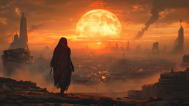 dune style dystopian wallpaper art, futuristic city landscape, decay sunset, nomad survivor woman, sci-fi science fiction parallel universe planet game poster artwork, desert - Powered by Adobe
