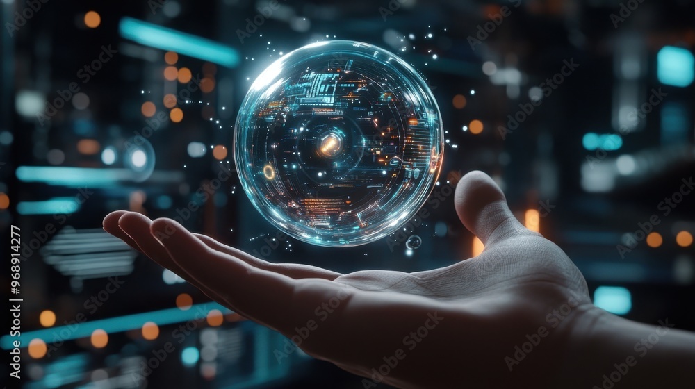 Poster ai-powered digital sphere floating in a hand, surrounded by a sleek high-tech interface.