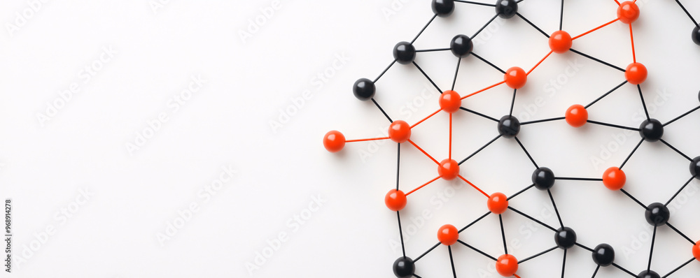 Poster abstract composition with interconnected nodes in red and black, representing networking, connection