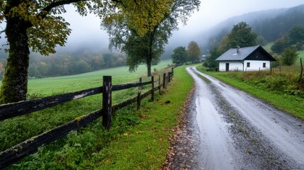 Fototapeta premium A rustic road leads to a cozy house nestled amidst lush greenery of the countryside, surrounded by misty hills and autumn trees, creating a peaceful rural landscape.