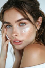 Fototapeta premium Glamorous woman applying cream on her face, luxury backdrop, promoting radiant skin, luxurious skincare moment.