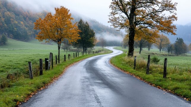 A charming curved road winds through fields with autumn foliage, misty hills in the distance, creating a tranquil and picturesque scene of the fall countryside.