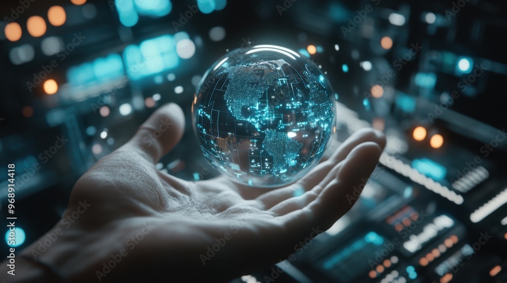 Poster ai-powered digital sphere floating in a hand, surrounded by a sleek high-tech interface.