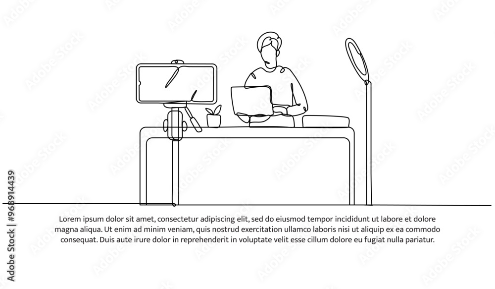 Poster continuous line design of a man is review a laptop electronics. single line decorative element drawn