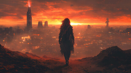 dune style dystopian wallpaper art, futuristic city landscape, decay sunset, nomad survivor woman, sci-fi science fiction parallel universe planet game poster artwork, desert