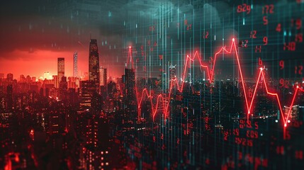 Real estate and property crisis. Dramatic city skyline with red data visualization, symbolizing market trends and financial analysis in a digital world.