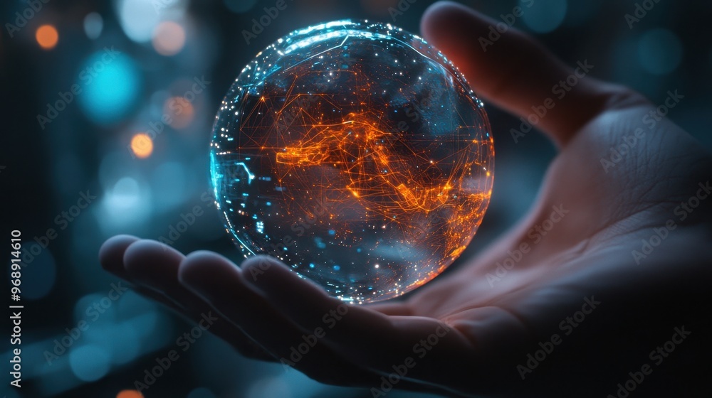 Poster a glowing ai digital sphere held in a hand, with a futuristic interface and advanced computing eleme