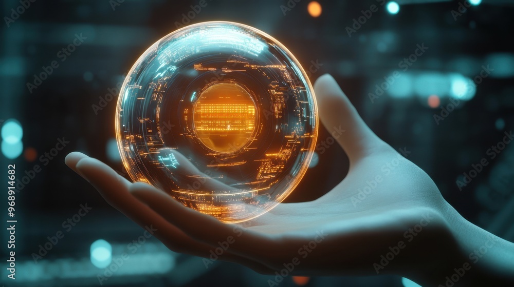 Poster a glowing ai digital sphere held in a hand, with a futuristic interface and advanced computing eleme