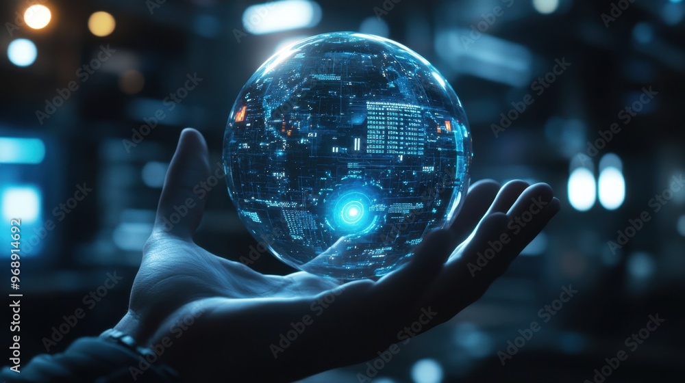 Poster a glowing ai digital sphere held in a hand, with a futuristic interface and advanced computing eleme