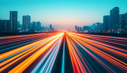Fototapeta premium Dynamic cityscape at twilight with vibrant light trails from vehicles, capturing the energy of modern urban life.