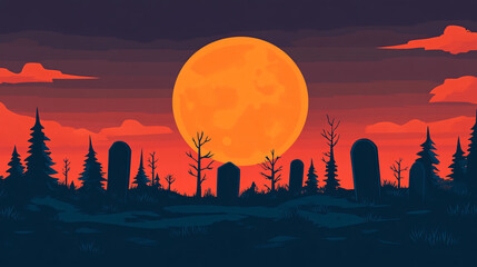 Spooky graveyard at night with a full moon casting an eerie glow over tombstones and silhouettes of trees, perfect for Halloween themes.