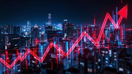 Real estate and property crisis. Dynamic city skyline with a glowing upward trend, symbolizing economic growth and investment opportunities in the urban landscape.