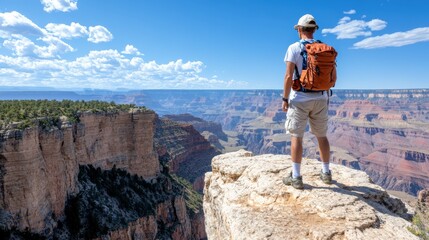 Obraz premium A traveler with a backpack stands at the edge of a canyon, gazing at the expansive and awe-inspiring landscape, representing discovery, adventure, and the majesty of the natural world.