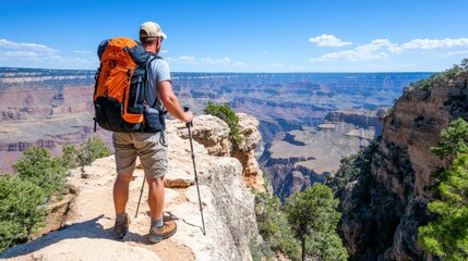 Obraz premium A hiker with an orange backpack stands on the edge of the Grand Canyon, using trekking poles, with an expansive view of the stunning canyon landscape extending into the distance.