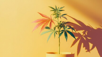 A lone cannabis plant with vibrant leaves on a neutral background, symbolizing cannabis biotechnology.