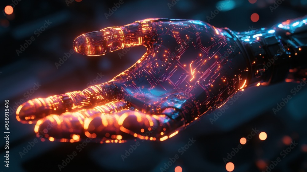 Poster a luminescent robotic hand with glowing circuit patterns, symbolizing advanced cybernetic technology