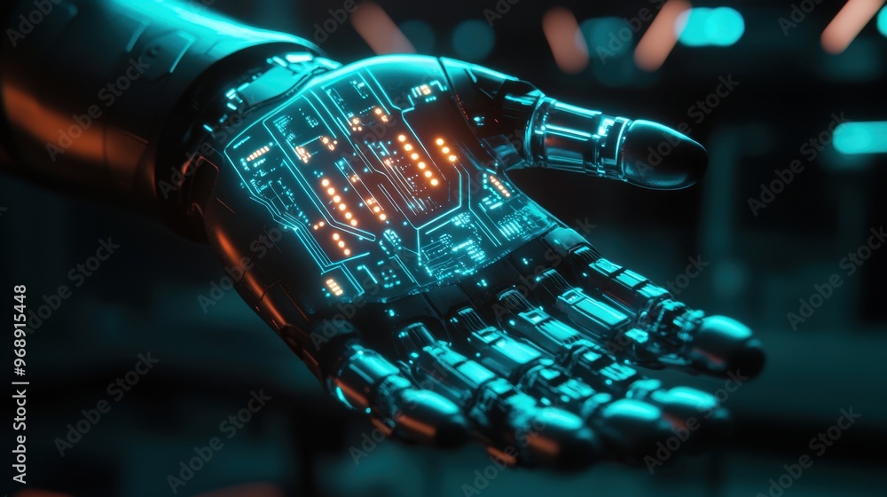 Poster a luminescent robotic hand with glowing circuit patterns, symbolizing advanced cybernetic technology