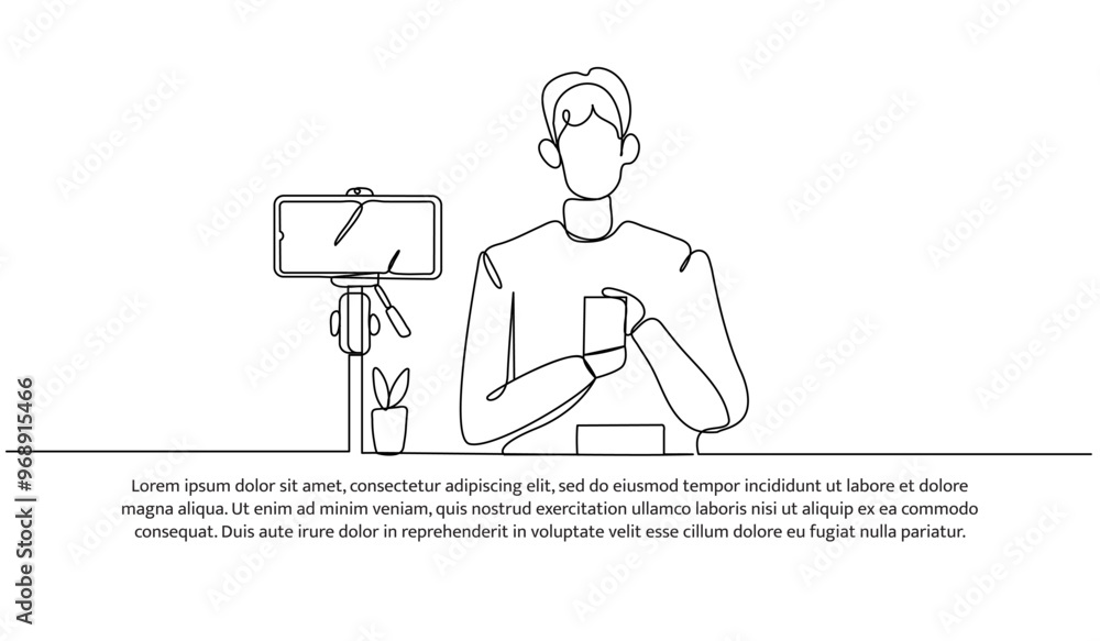 Poster continuous line design of a male blogger is reviewing a product. single line decorative element draw