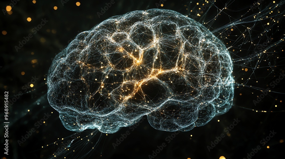 Poster abstract brain with glowing lines and dots.