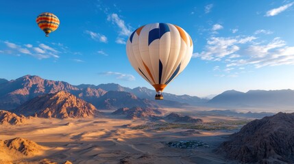 Fototapeta premium Colorful hot air balloons float majestically over a vast desert landscape at dawn, casting long shadows and offering breathtaking views of mountains and sky in the distance.