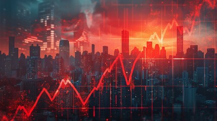 Naklejka premium Real estate and property crisis. Dynamic city skyline with a vibrant sunset and upward trending graph, symbolizing growth and financial success.