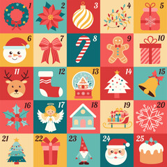 A colorful calendar with various Christmas decorations and numbers. The calendar is designed to look like a festive scene with a variety of Christmas symbols and characters