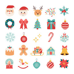 A collection of Christmas-themed icons, including Santa Claus, reindeer, Christmas trees, and presents