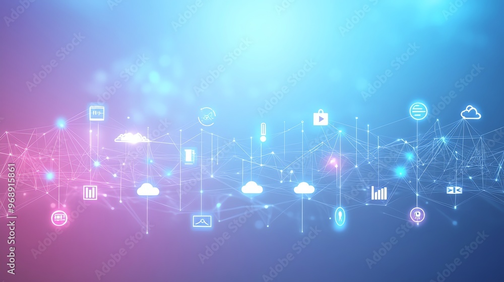 Poster an abstract digital network with icons and data points on a blue and pink background.