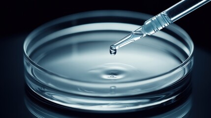 a Petri dish with a glass pipette and liquid, set against a light black biotechnology background with space for text