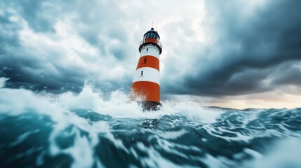 This captivating image illustrates a lighthouse enduring massive sea waves during stormy weather, epitomizing endurance and steadfastness against the dramatically turbulent elements.
