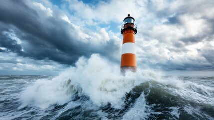 A lighthouse stands resilient against crashing ocean waves, reflecting strength and guidance amidst a dramatic sky and turbulent sea, symbolizing hope and perseverance.