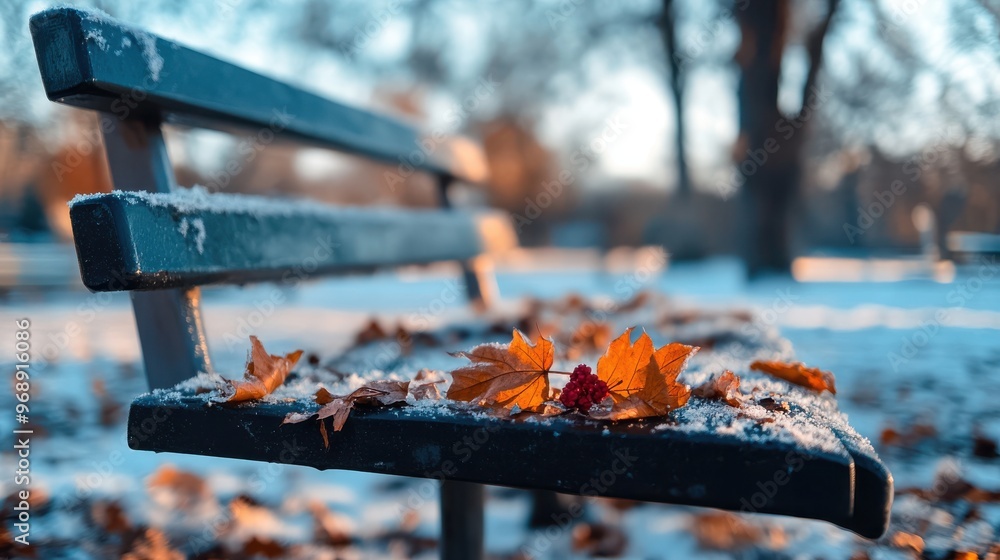 Poster a bench in a park covered with autumn leaves and a light layer of snow captures a transition from au