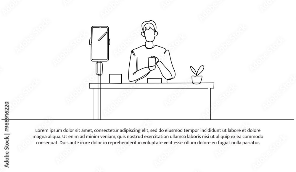 Poster continuous line design of a male blogger is reviewing a product. single line decorative element draw