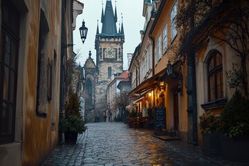 Fototapeta premium A historic cobblestone street in Prague with charming old buildings and the iconic Astronomical Clock in the background