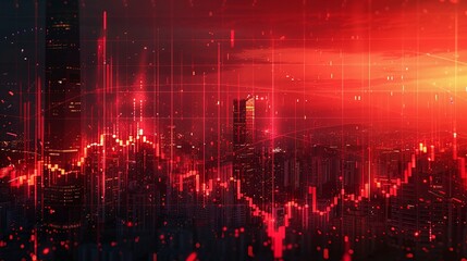 Naklejka premium Real estate and property crisis. Dynamic cityscape with a striking digital graph overlay, showcasing growth and technological innovation at sunset.