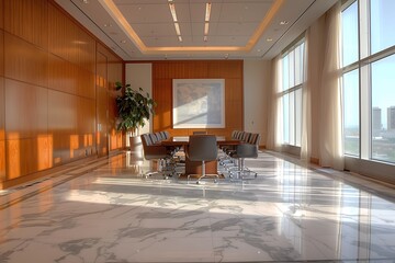 Fototapeta premium Contemporary boardroom featuring wood paneling, a marble floor, and natural light streaming through a glass window. Potted plant in the corner enhances the space.
