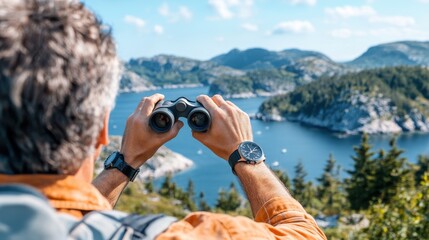 Obraz premium A man wearing an orange shirt is seen from behind while using binoculars to look at the vast, scenic mountain landscape with a lake in the background.