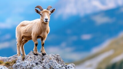 Obraz premium A proud brown goat demonstrates its strength and balance while standing on a rugged mountain rock, with a stunning blurred view of distant mountains behind it.