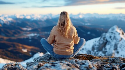 A person, in a brown jacket, meditates cross-legged on a rocky cliff top overlooking a snowy mountain landscape at sunrise, depicting solitude and reflection.