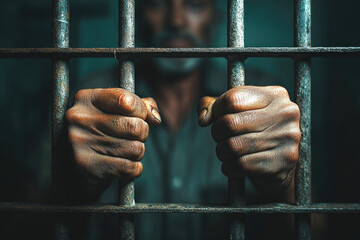  An elderly man with short gray hair and stubble stands behind the bars of his prison cell, holding onto them tightly as he gazes at you in fear. Created with Ai