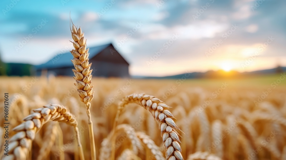 Poster a beautiful close-up image of wheat stalks in a golden field with a rustic barn situated in the back