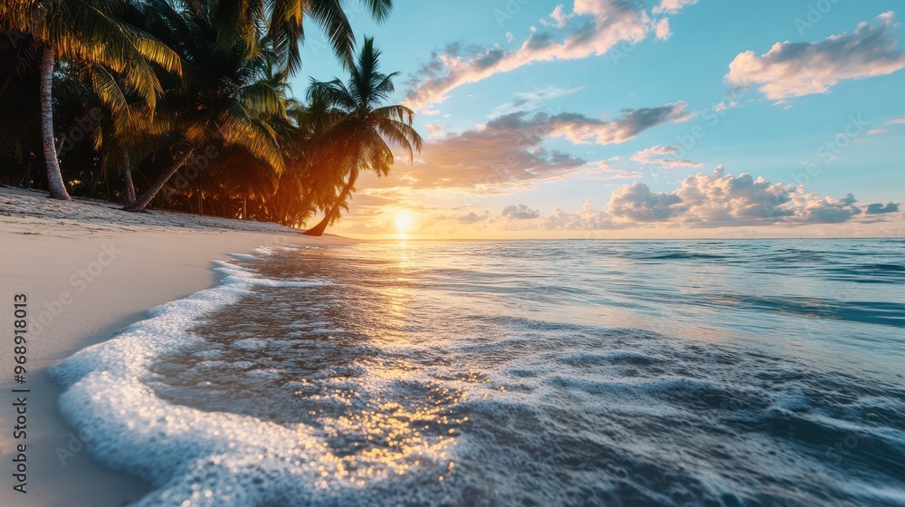 Poster a breathtaking beach view at sunset with palm trees swaying gently in the background and calm ocean 