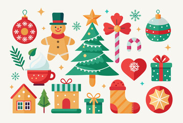 Christmas festive elements collection with tree, gift, gingerbread, and decorations for holiday designs