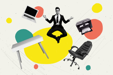 Creative trend collage of funny young man meditate businessman office workplace flying bizarre...