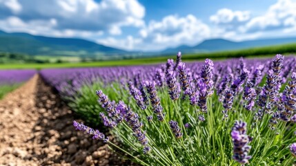 Fototapeta premium A vibrant lavender field stretches into the distance under a bright, blue sky with picturesque mountains in the background. Ideal for nature and landscape enthusiasts.